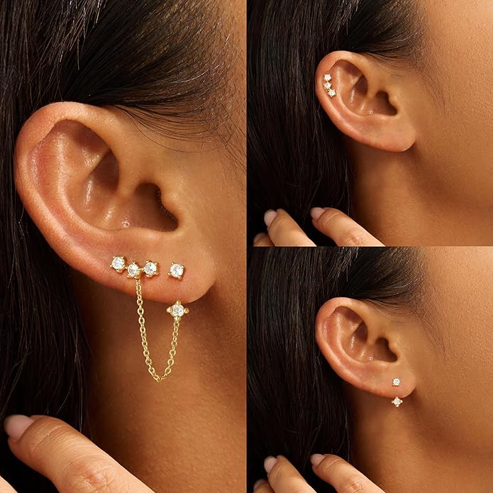 Freekiss Gold Chain Studs Earrings for Women Trendy: Hypoallergenic 14K Gold Plated Dangle Earrings Dainty Small Long Chain Earring Set Fashion Gold Jewelry for Women