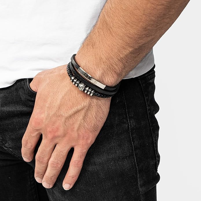 Mens Leather Bracelet Stainless Steel Leather Braided Bracelet Black Gift Men's Jewelry Cuff Bracelet Wrist Accessories
