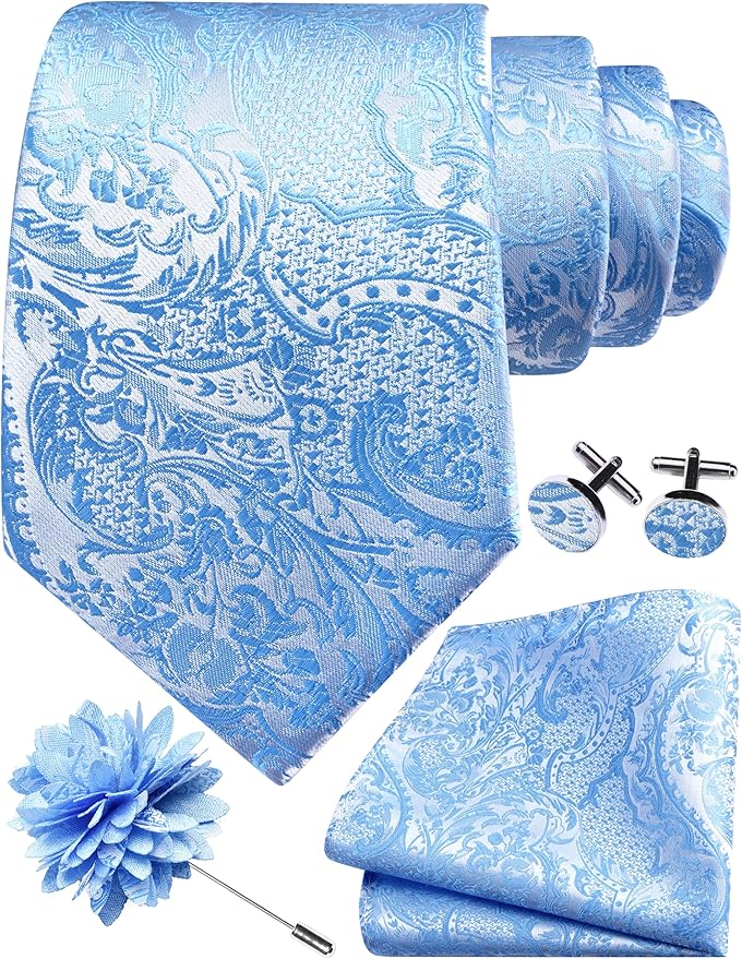 GUSLESON 8cm Paisley Tie Set for Men Necktie Lapel Pin Pocket Square Cufflinks Set for Men