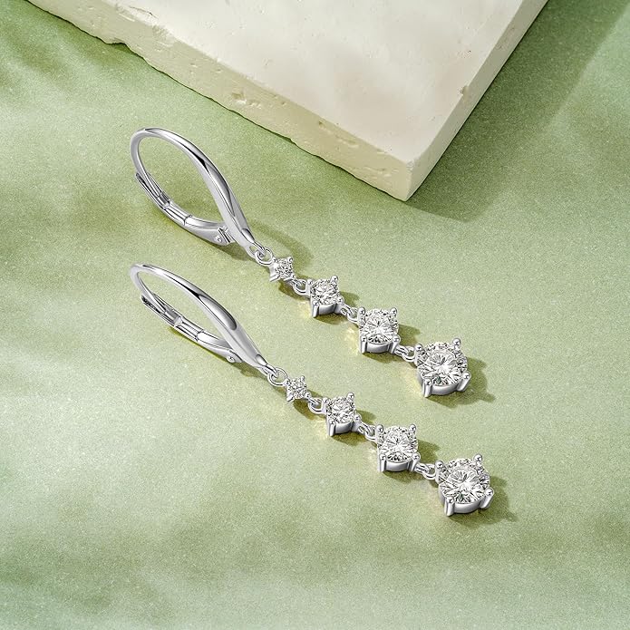 Moissanite Drop Dangle Earrings for Women 925 Sterling Silver Leverback Earring D-E Color VVS1 Clarity Hypoallergenic Jewelry Promise Birthday Christmas with Certificate