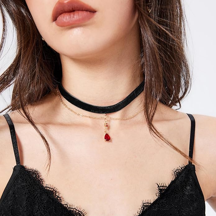 Fesciory Black Necklaces for Women, Adjustable Layered Velvet Leather Lace Collar Necklace, Goth Jewelry Gifts.