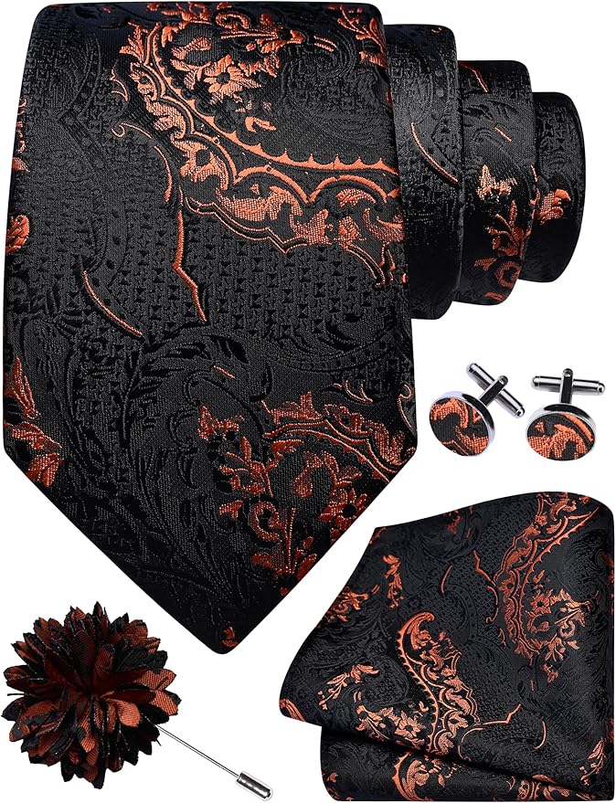 GUSLESON 8cm Paisley Tie Set for Men Necktie Lapel Pin Pocket Square Cufflinks Set for Men