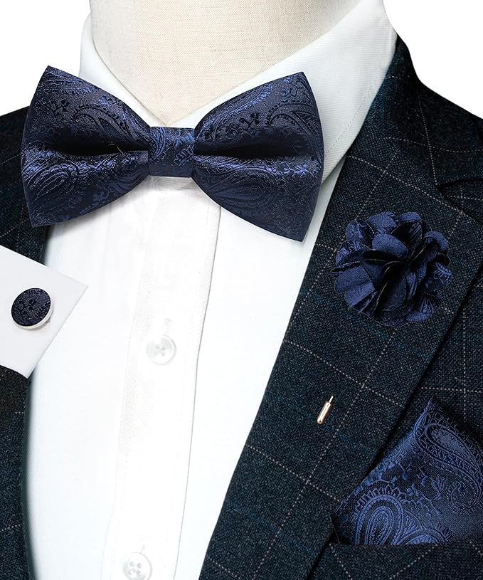 JEMYGINS Mens Paisley Bow Tie and Lapel Pin Necktie Pocket Square and Tie Clip with Sets for Business Casual 4PCS