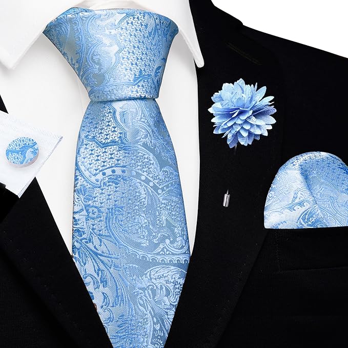 GUSLESON 8cm Paisley Tie Set for Men Necktie Lapel Pin Pocket Square Cufflinks Set for Men