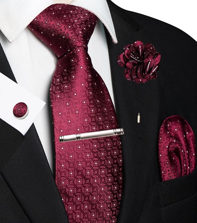 JEMYGINS Mens Tie and Lapel Pin Necktie Pocket Square Cufflinks and Tie Clip Sets for Business Casual 5PCS