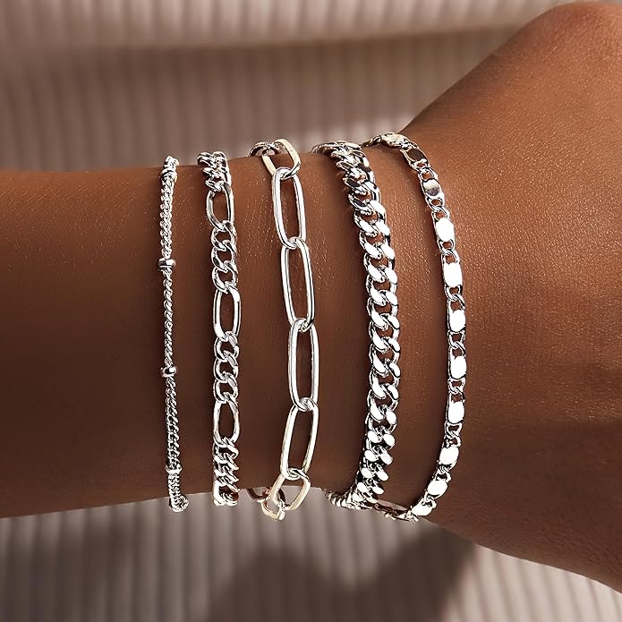 Gold Bracelets for Women Trendy,14K Gold Plated Dainty Stackable Paperclip Cuban Link Chain Bracelets, Simple Cute Cuff Bracelets Jewelry Set Adjustable 7"+2"