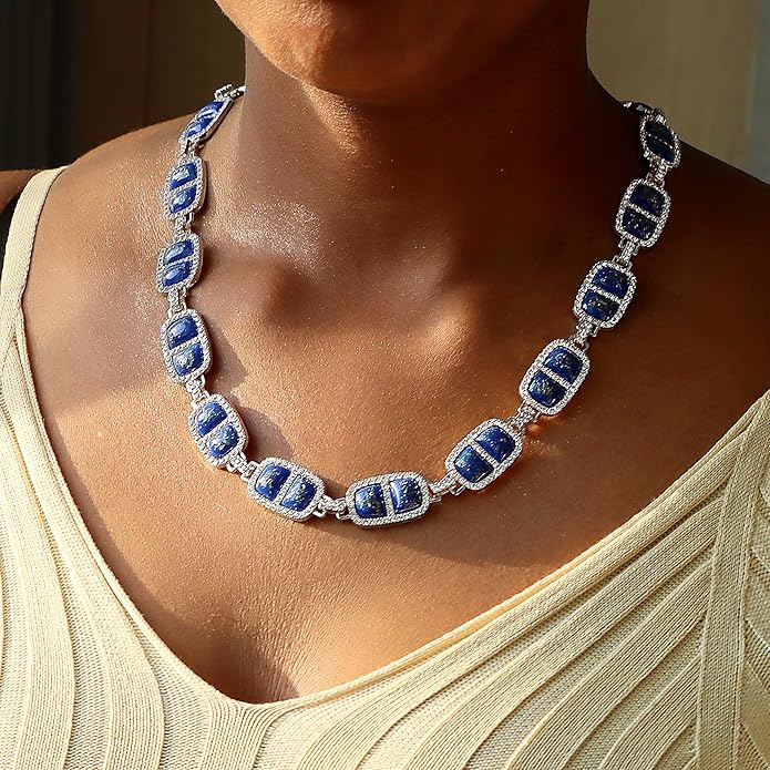 Chunky Necklace for Women 12 Colors Diamond Stone Gold Statement Necklace for Women Full Trendy Blue Birthstone Choker Necklace for Women Square Design Necklace Jewelry