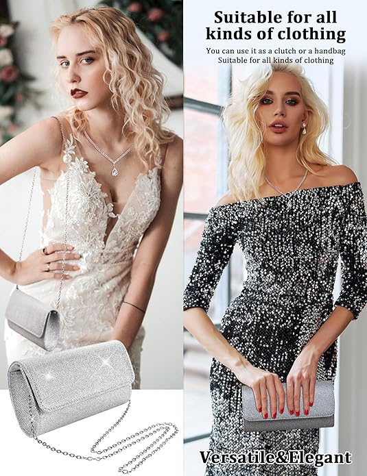 Subiceto 4Pcs Silver Clutch Purse Jewelry Set for Women Evening Rhinestone Purse Crystal Necklace Earrings Bracelets Set Silver Accessories for Women Bride Wedding Jewelry