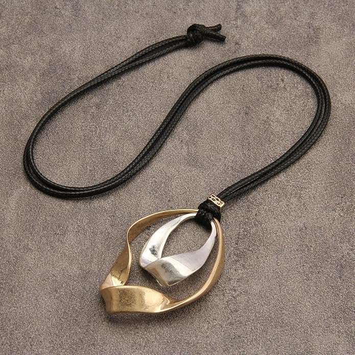 Long Boho Necklaces for Women Vintage Leather Wooden Pendant Y Choker Ethnic Style Gold Circle Hippie Sweater Necklace