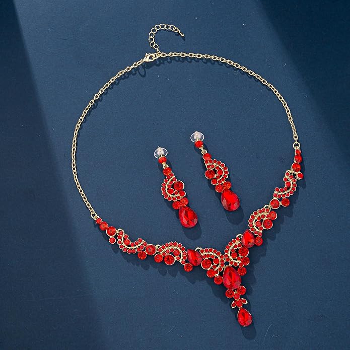 Paxuan Crystal Bridal Wedding Jewelry Sets for Women Rhinestone Teardrop Crystal Statement Choker Necklace Drop Earrings Link Bracelets Rings Teardrop Jewelry Set for Brides Bridesmaids