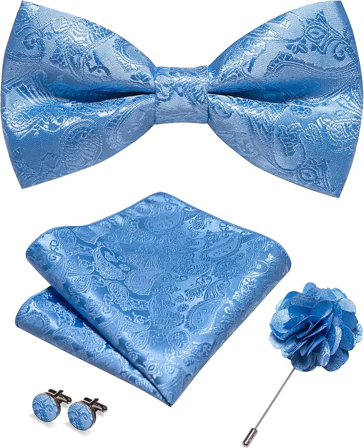 JEMYGINS Paisley Pre-tied Bow Tie and Pocket Square Cufflinks Lapel Pin Sets for Men 4PCS