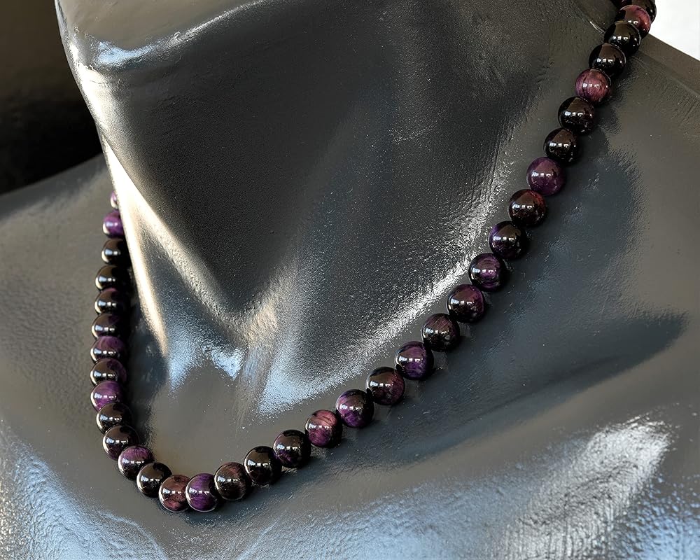 Natural Purple Tiger Eye Beaded Choker, Genuine Purple Crystal Necklace, Fancy Gemstone Choker, 8mm Beads, Unique Fashion Jewelry, Healing Crystal Chakra Necklace, Durable Stone Necklace, Leo Necklace