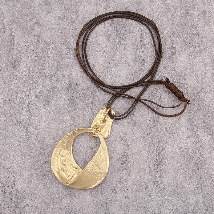 Long Boho Necklaces for Women Vintage Leather Wooden Pendant Y Choker Ethnic Style Gold Circle Hippie Sweater Necklace