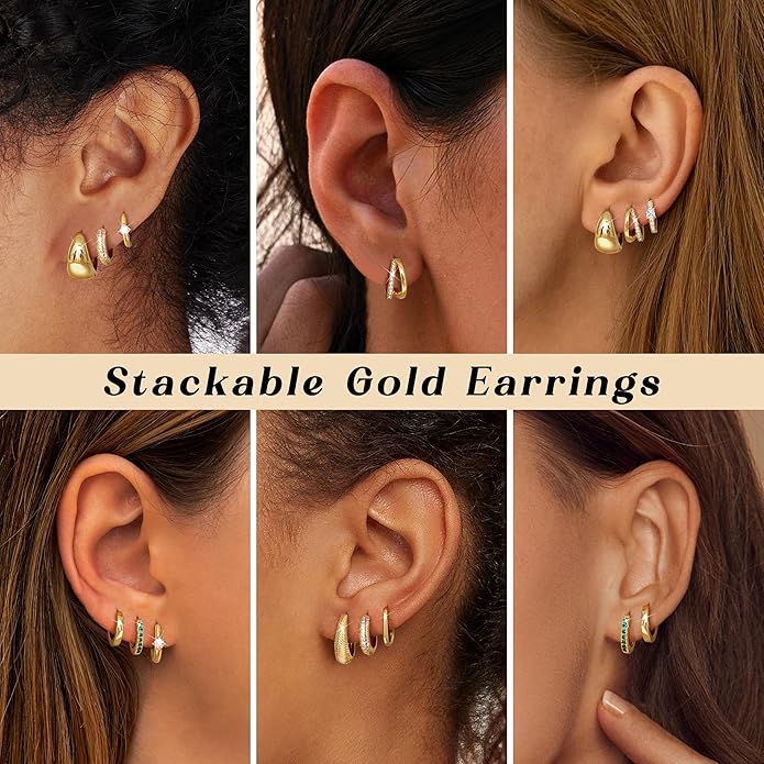 LOYALLOOK 3Pairs Gold Hoop Earrings Set for Women Trendy Huggie Hoop Earrings Stacks for Multiple Piercing 14K Gold Plated Chunky Hoop Earrings Set Hypoallergenic Cartilage Earring Lightweight