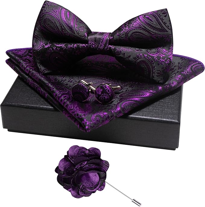 JEMYGINS Mens Paisley Bow Tie and Lapel Pin Necktie Pocket Square and Tie Clip with Sets for Business Casual 4PCS