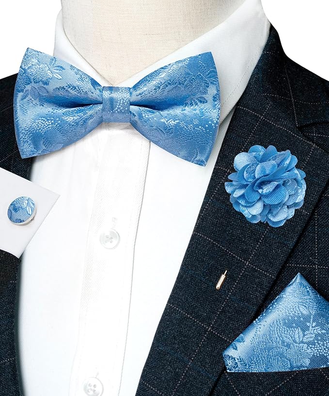 JEMYGINS Floral Pre-tied Bow Tie and Pocket Square Cufflinks Lapel Pin Sets for Men 4PCS