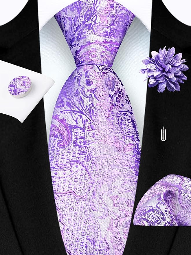 GUSLESON 8cm Paisley Tie Set for Men Necktie Lapel Pin Pocket Square Cufflinks Set for Men