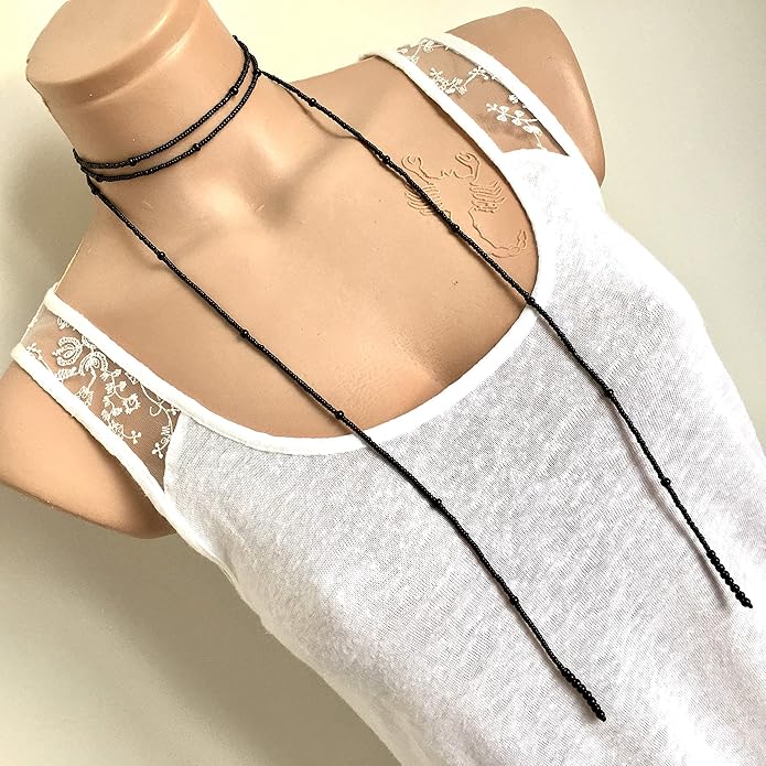 Wrapped Necklace, Black Seed Bead Jewelry, Long Layered Necklace, Tie chokier, Boho Wrapped Choker, Lariat Necklace, Christmas Gift Women