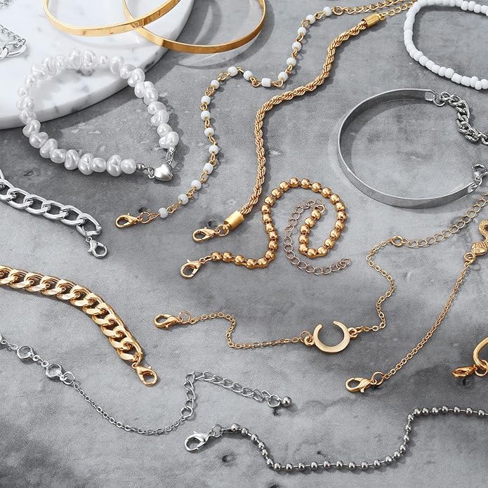 17IF 18-25 PCS(6 Pack) Boho Gold Bracelets Set for Women Stackable Chunky Dainty Bangles Adjustable Chain Flat Cuff Cuban Punk Charm Bundle Jewelry