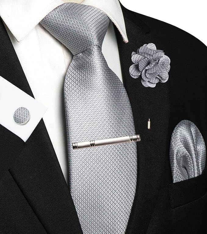 JEMYGINS Mens Tie and Lapel Pin Necktie Pocket Square Cufflinks and Tie Clip Sets for Business Casual 5PCS