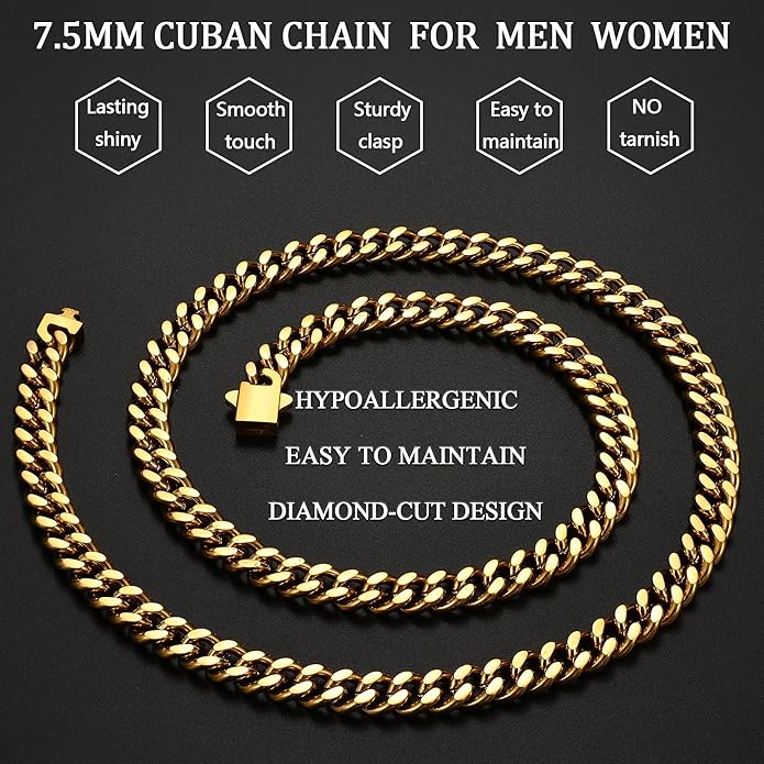 Fiusem Valentines Day Gifts for Him Silver Tone/Black/14K Gold Plated Chain Necklace for Men, 5mm/6mm/7.5mm/8mm/9mm Stainless Steel Cuban Link Chain Necklace, Men's Chains 18-28 Inch Jewelry Gifts