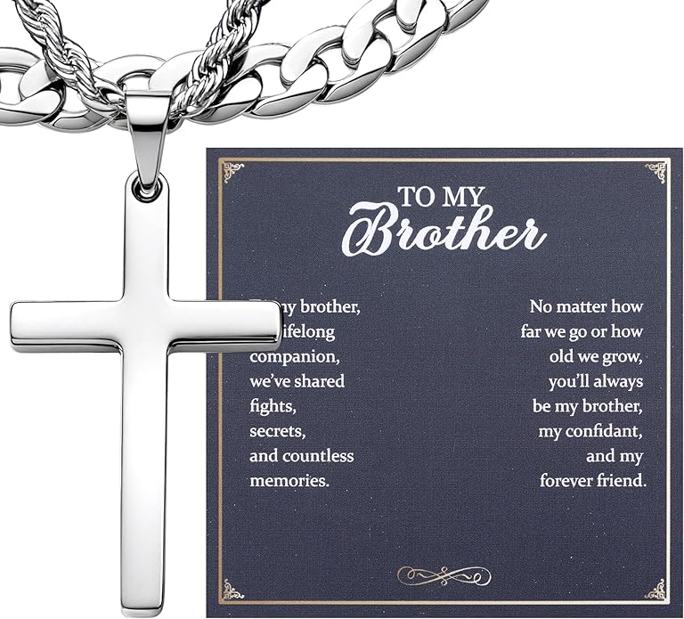 TEN MIRO Silver/Black Cross Necklace for Men Boy Stainless Steel Cross Pendant Necklace for Men Christian Religious Jewelry with Box & Card Birthday Anniversary Christmas Father's Day Gifts for Him