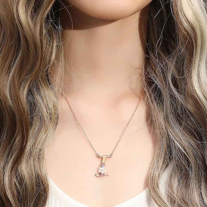 Flower Initial Letter Necklace Pink Red Blue Simulated Pearl Pendant Name Jewelry Made with Austrian Crystals Rose Gold Plated Anniversary Birthday Gifts for Women,18"+2"