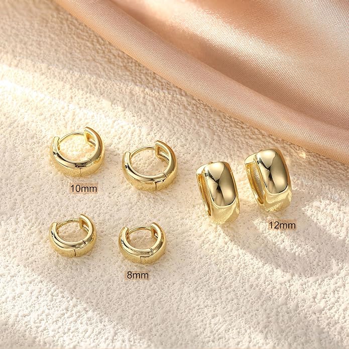 Small Chunky 14K Gold Plated Hoop Earrings for Women - Hypoallergenic Earrings for Sensitive Ears Earrings Set Thick Huggie Hoops Earring Stacks Silver Plated Jewelry