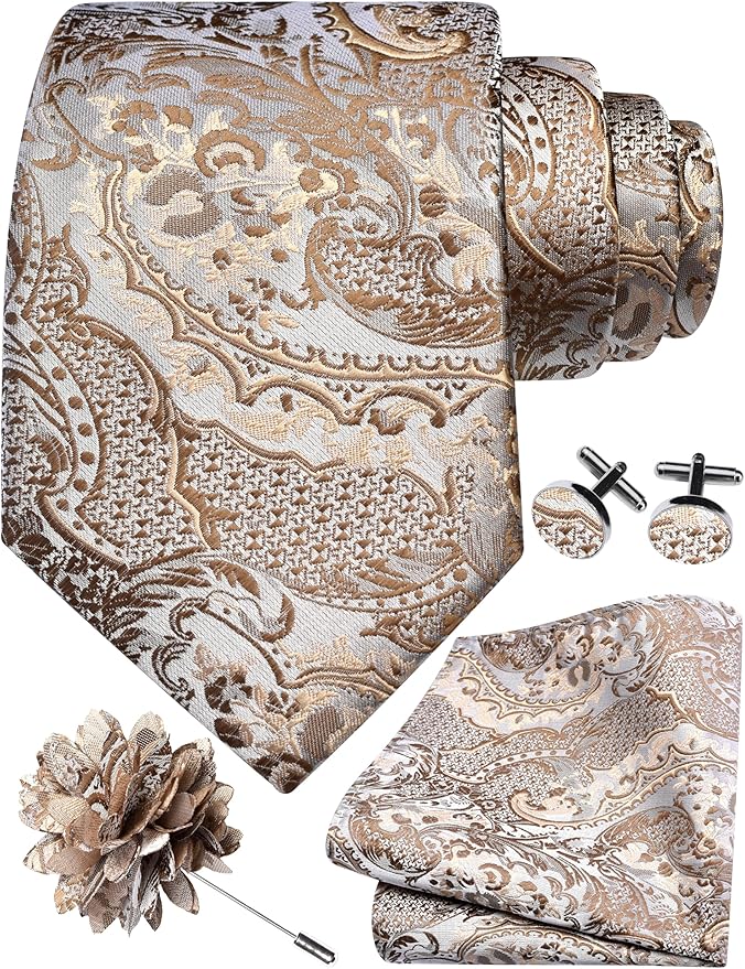 GUSLESON 8cm Paisley Tie Set for Men Necktie Lapel Pin Pocket Square Cufflinks Set for Men