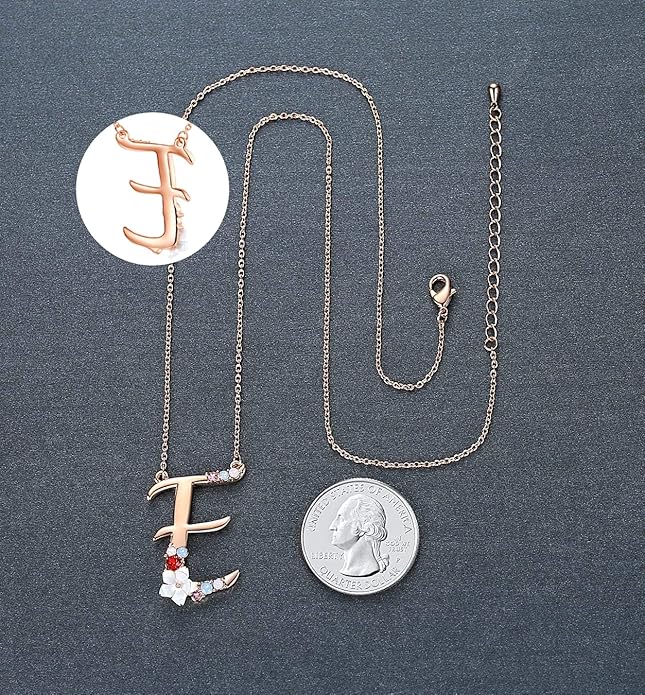 Flower Initial Letter Necklace Pink Red Blue Simulated Pearl Pendant Name Jewelry Made with Austrian Crystals Rose Gold Plated Anniversary Birthday Gifts for Women,18"+2"