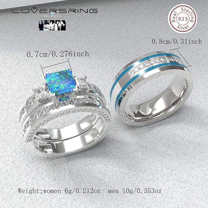 TWO RINGS Wedding Ring Sets His And Hers Promise Ring Couples Bridal Sets Women 925 Sterling Silver square Cz Man Stainless Steel Brushed Finished Wedding Bands