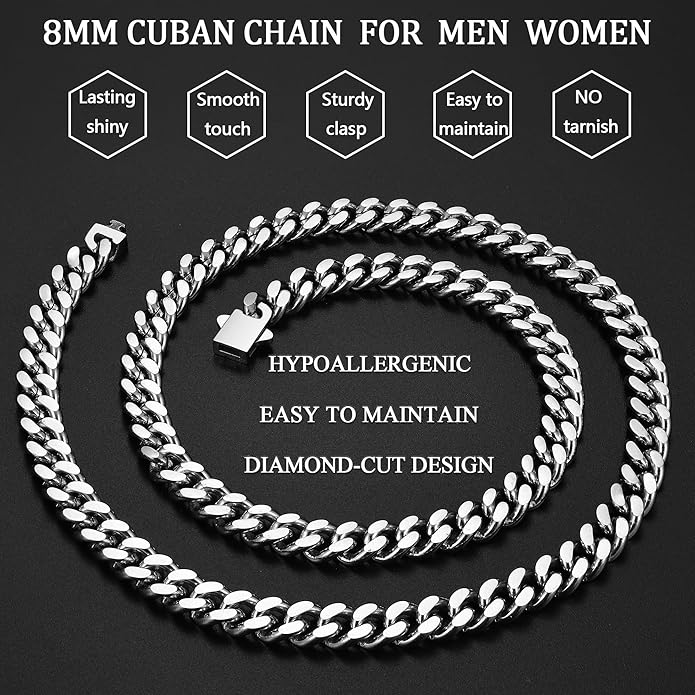 Fiusem Valentines Day Gifts for Him Silver Tone/Black/14K Gold Plated Chain Necklace for Men, 5mm/6mm/7.5mm/8mm/9mm Stainless Steel Cuban Link Chain Necklace, Men's Chains 18-28 Inch Jewelry Gifts