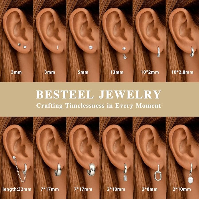 BESTEEL 13 Pairs Small Stud Hoop Earrings Set for Women Hypoallergenic Gold Plated Huggie Hoops Pearl Dainty Lightweight Earrings for Gift