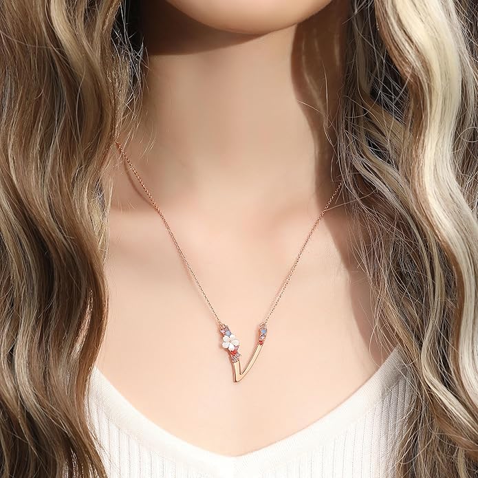 Flower Initial Letter Necklace Pink Red Blue Simulated Pearl Pendant Name Jewelry Made with Austrian Crystals Rose Gold Plated Anniversary Birthday Gifts for Women,18"+2"