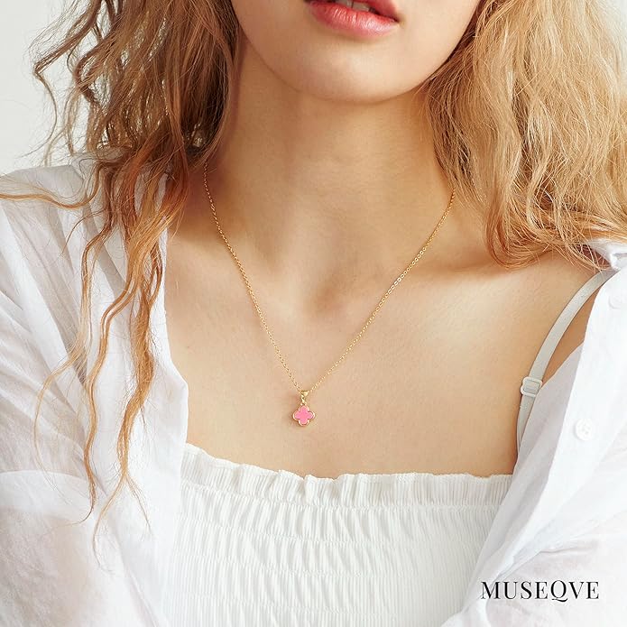 MUSEQVE Four Leaf Clover Necklace for Women Dainty Mother of Pearl White Black Onyx Pink Blue Mint Green Crystal Lucky Clover Pendant 14K Gold Plated Jewelry Gifts [CVRN]