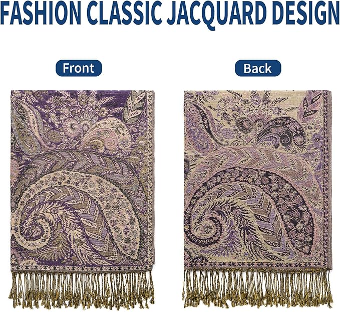 QIUTIMIY Paisley Pashmina Shawl Wrap Women Reversible Vintage Jacquard Pashmina Rave Scarf with Fringe for Evening, Wedding