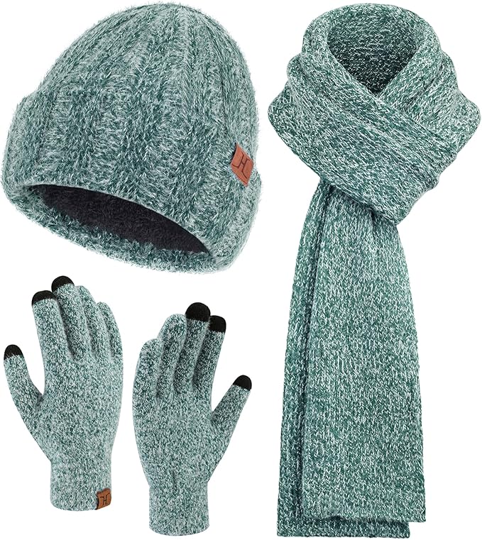 Womens Winter Warm Knit Beanie Hat Touchscreen Gloves Long Neck Scarf Set with Fleece Lined Skull Caps Gifts for Women