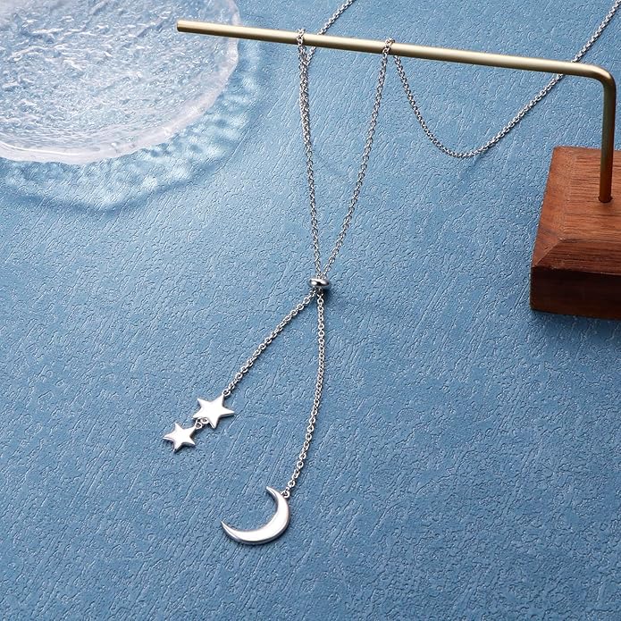 Long Chain Dainty Necklace Simple Style 925 Sterling Silver Star Moon Pendant Adjustable Y Shaped Necklace Jewelry for Women