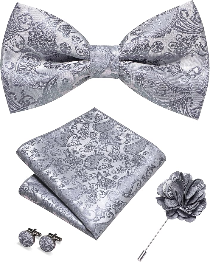 JEMYGINS Paisley Pre-tied Bow Tie and Pocket Square Cufflinks Lapel Pin Sets for Men 4PCS