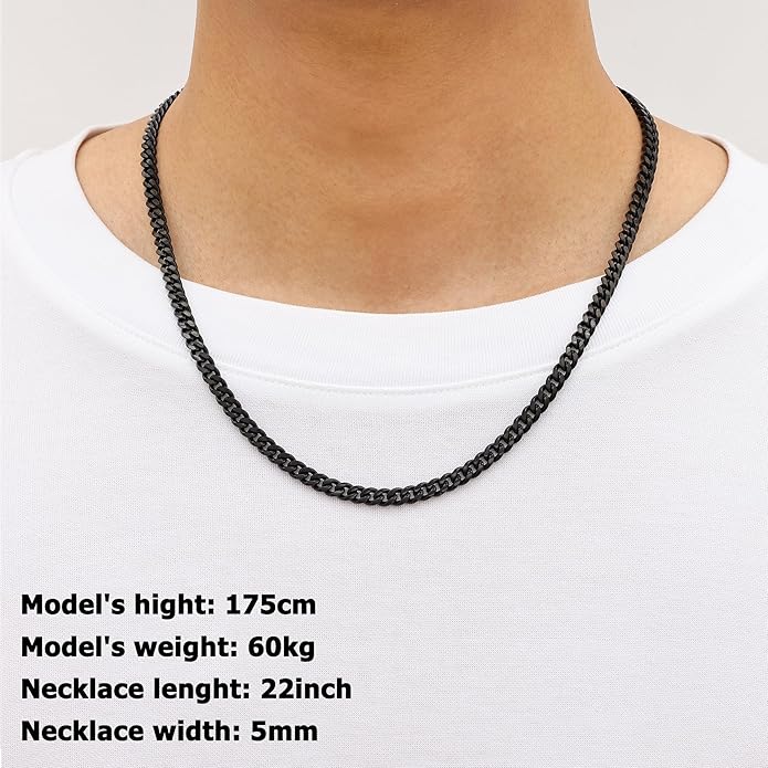 Fiusem Valentines Day Gifts for Him Silver Tone/Black/14K Gold Plated Chain Necklace for Men, 5mm/6mm/7.5mm/8mm/9mm Stainless Steel Cuban Link Chain Necklace, Men's Chains 18-28 Inch Jewelry Gifts