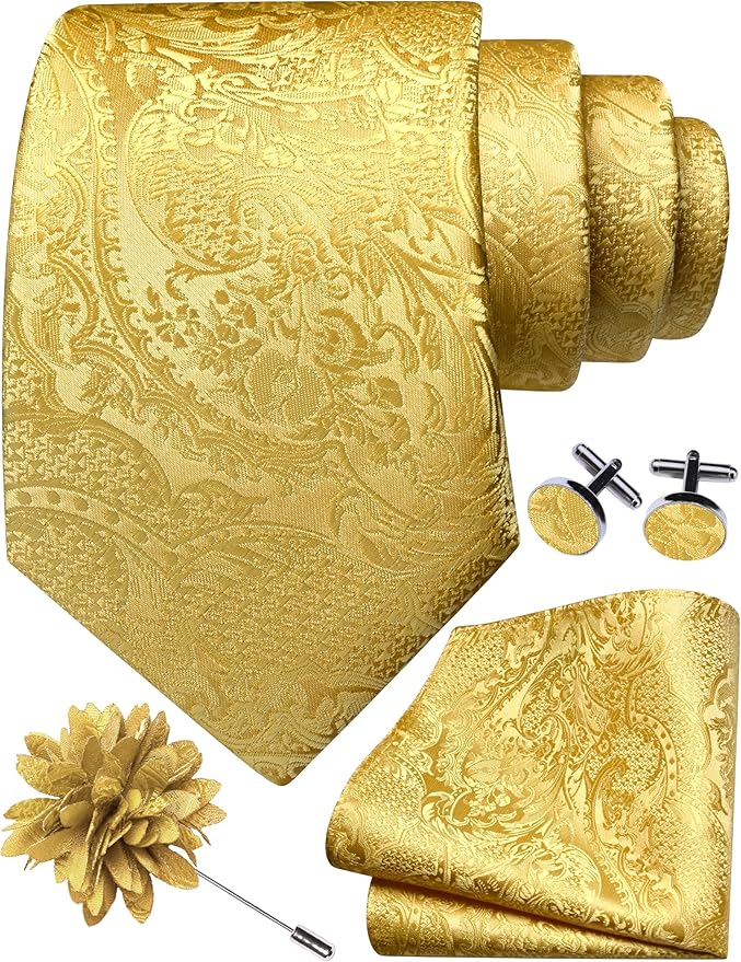 GUSLESON 8cm Paisley Tie Set for Men Necktie Lapel Pin Pocket Square Cufflinks Set for Men