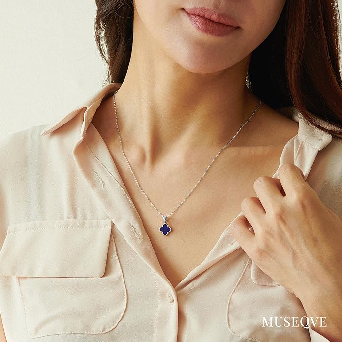 MUSEQVE Four Leaf Clover Necklace for Women Dainty Mother of Pearl White Black Onyx Pink Blue Mint Green Crystal Lucky Clover Pendant 14K Gold Plated Jewelry Gifts [CVRN]