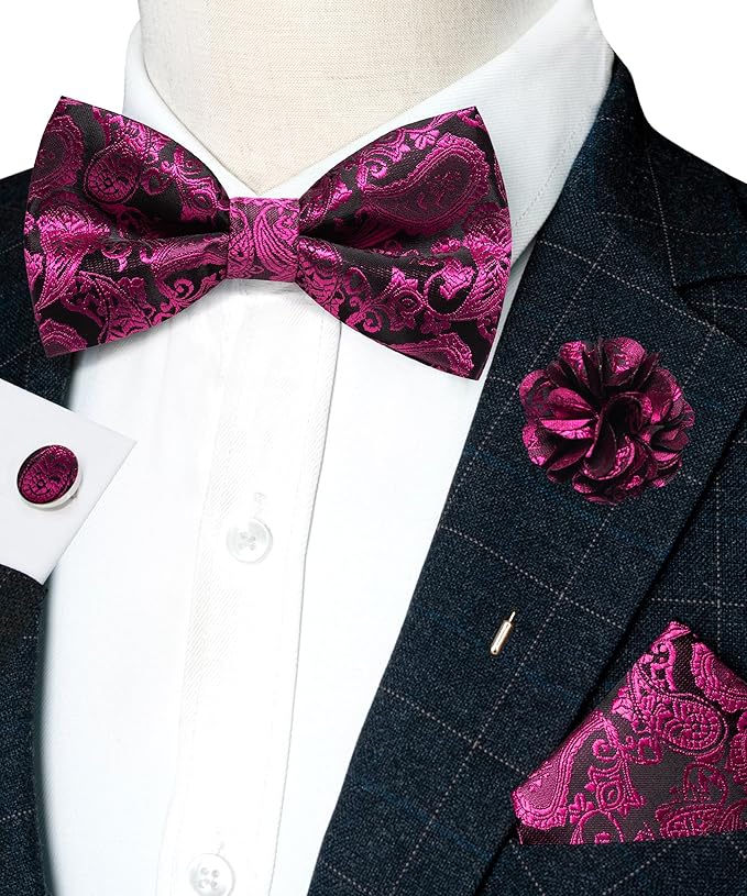 JEMYGINS Paisley Pre-tied Bow Tie and Pocket Square Cufflinks Lapel Pin Sets for Men 4PCS