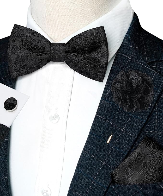 JEMYGINS Floral Pre-tied Bow Tie and Pocket Square Cufflinks Lapel Pin Sets for Men 4PCS