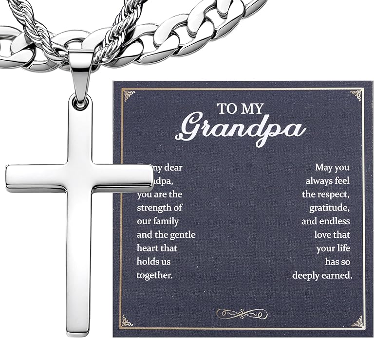 TEN MIRO Silver/Black Cross Necklace for Men Boy Stainless Steel Cross Pendant Necklace for Men Christian Religious Jewelry with Box & Card Birthday Anniversary Christmas Father's Day Gifts for Him