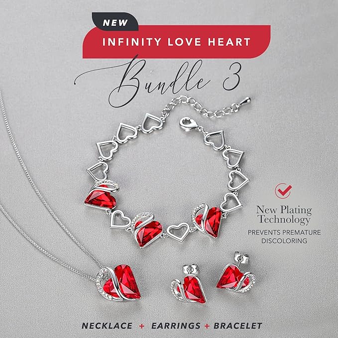 Leafael Infinity Love Heart Necklace, Stud Earrings, and Bracelet for Women, July Birthstone Crystal Jewelry, Silver Tone Gifts for Women, Siam Ruby Red