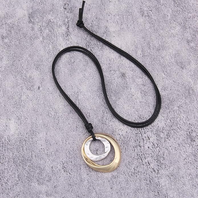 Long Boho Necklaces for Women Vintage Leather Wooden Pendant Y Choker Ethnic Style Gold Circle Hippie Sweater Necklace