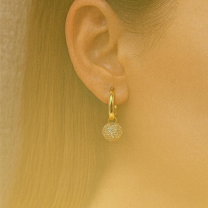 Tone Huggie Hoop Earrings-Opener CZ Ball Accent, 15mm Small Hoops.KT0026