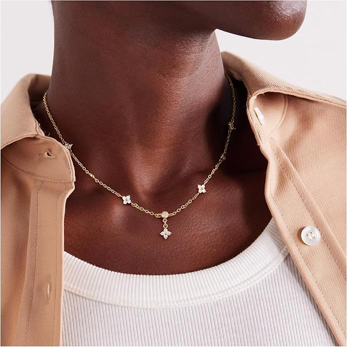 Yoosteel Dainty Gold-plated Clover Pearl Heart Butterfly Star flower Choker Necklace for Women - 14K Gold Plated Cubic Zirconia Pendant Station Necklaces for Women Teens Trendy Prom Jewelry Gifts