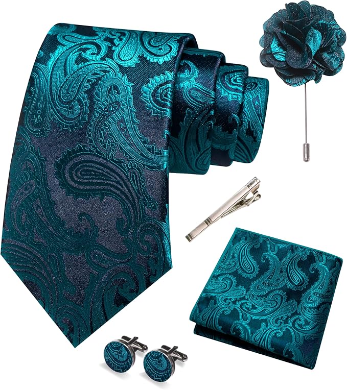 JEMYGINS Mens Paisley Tie and Pocket Square,Lapel Pin,Cufflinks,Tie Clip Sets with Gift Box 5PCS